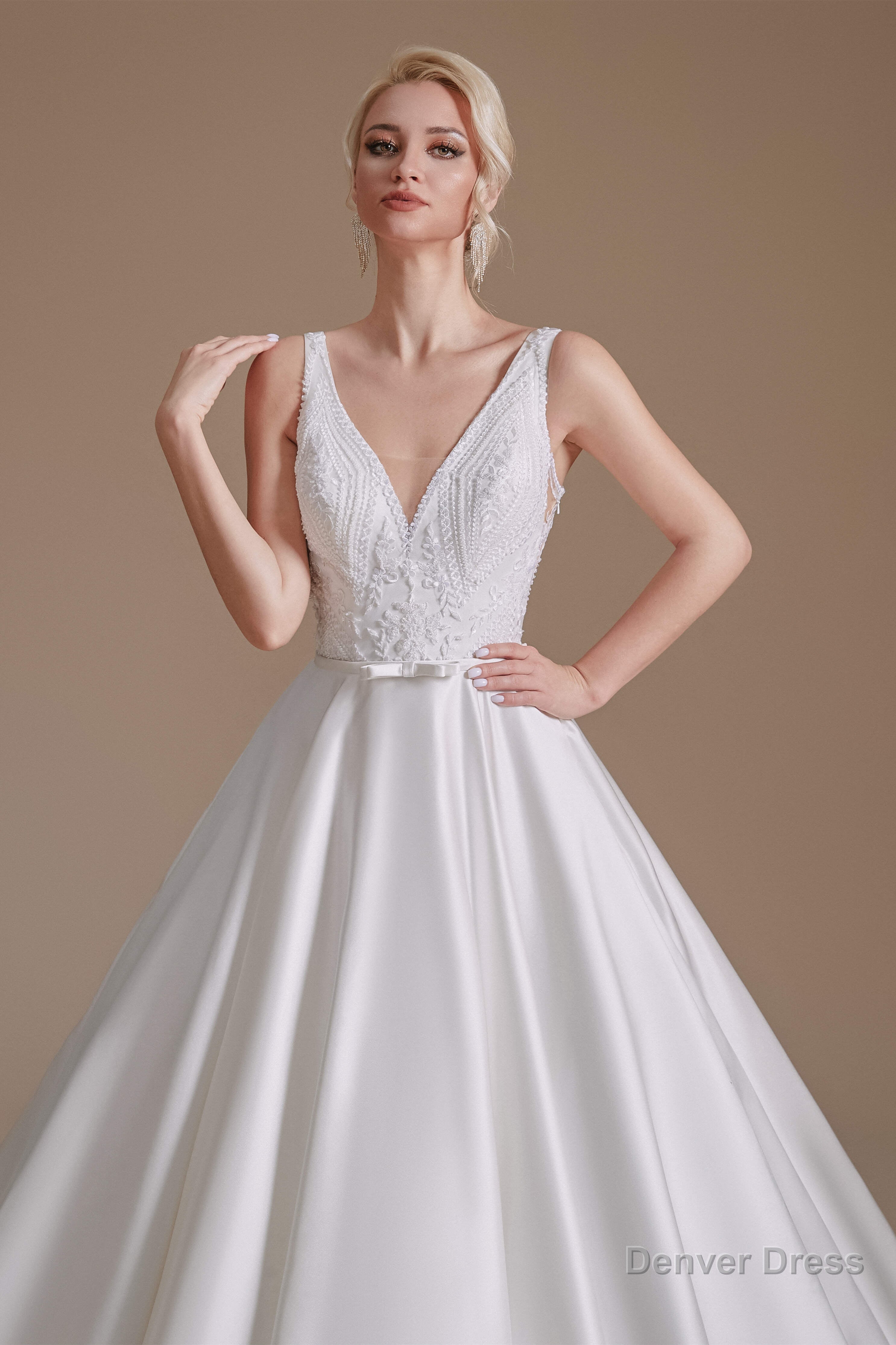 V Neck Sleeveless Satin Handmade Back Wedding Dresses Main image