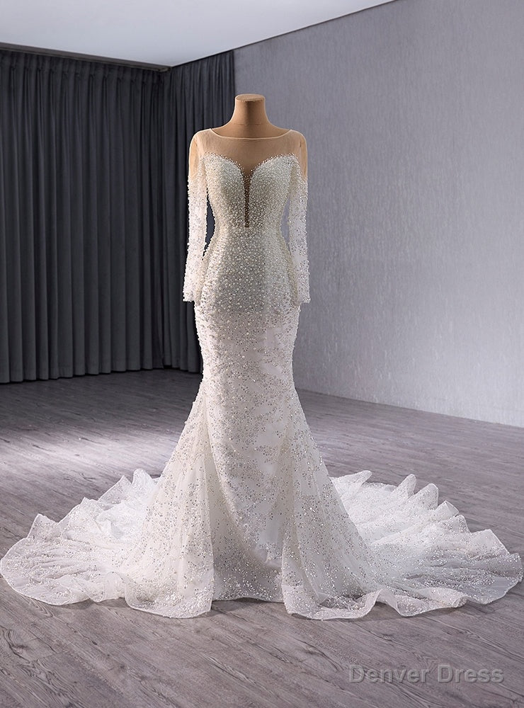 Sexy White Mermaid Long Sleeve Pearls Wedding Dress Main image