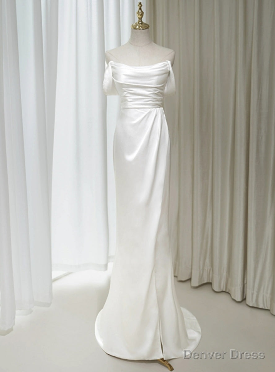 Sexy White Mermaid Satin Off the Shoulder Pleats Wedding Dress Main image
