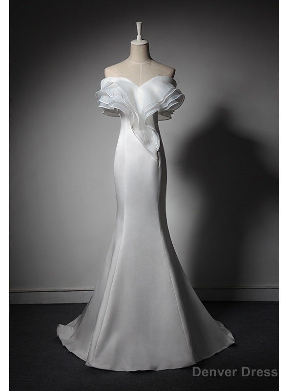 Sexy White Mermaid Satin Off the Shoulder Wedding Dress Main image