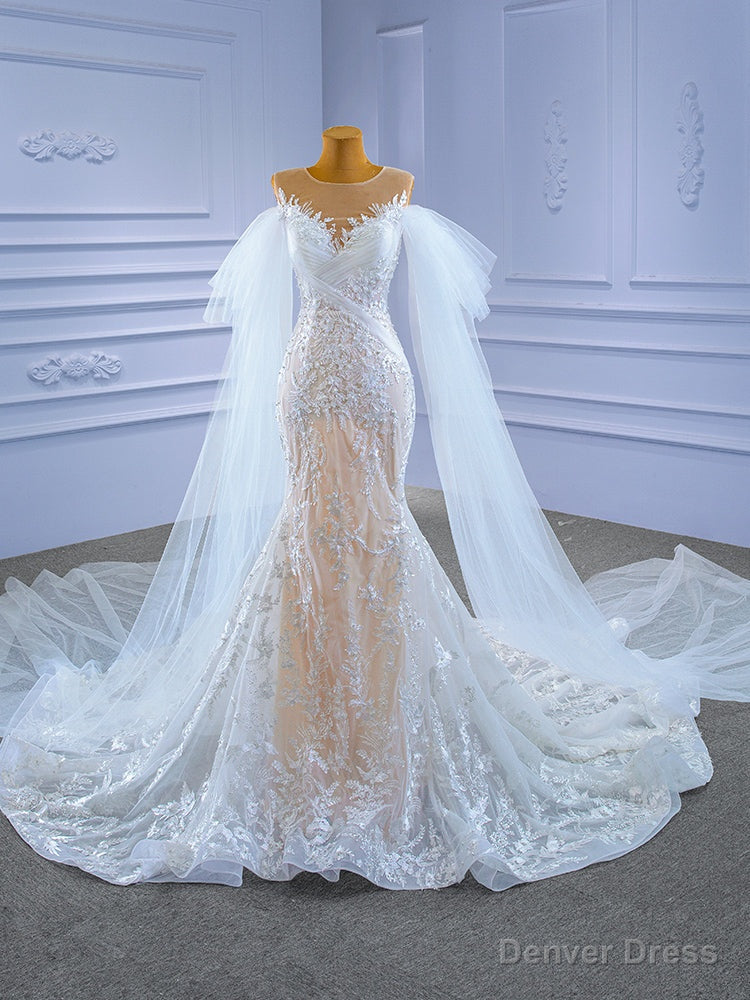 Sexy White Tulle Mermaid Appliques Pearls Wedding Dress Main image
