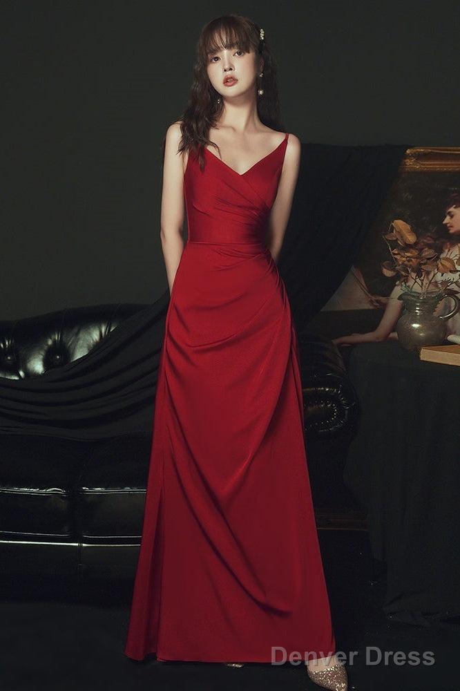 Sexy Wine Red Satin Straps Long Party Dress, Charming Dark Red Formal Dresses Secondary image