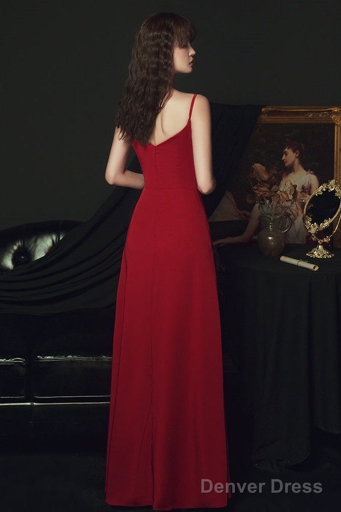 Sexy Wine Red Satin Straps Long Prom Dress, Charming Dark Red Prom Dresses