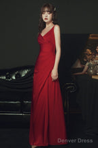 Sexy Wine Red Satin Straps Long Party Dress, Charming Dark Red Formal Dresses