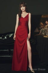 Sexy Wine Red Satin Straps Long Party Dress, Charming Dark Red Formal Dresses