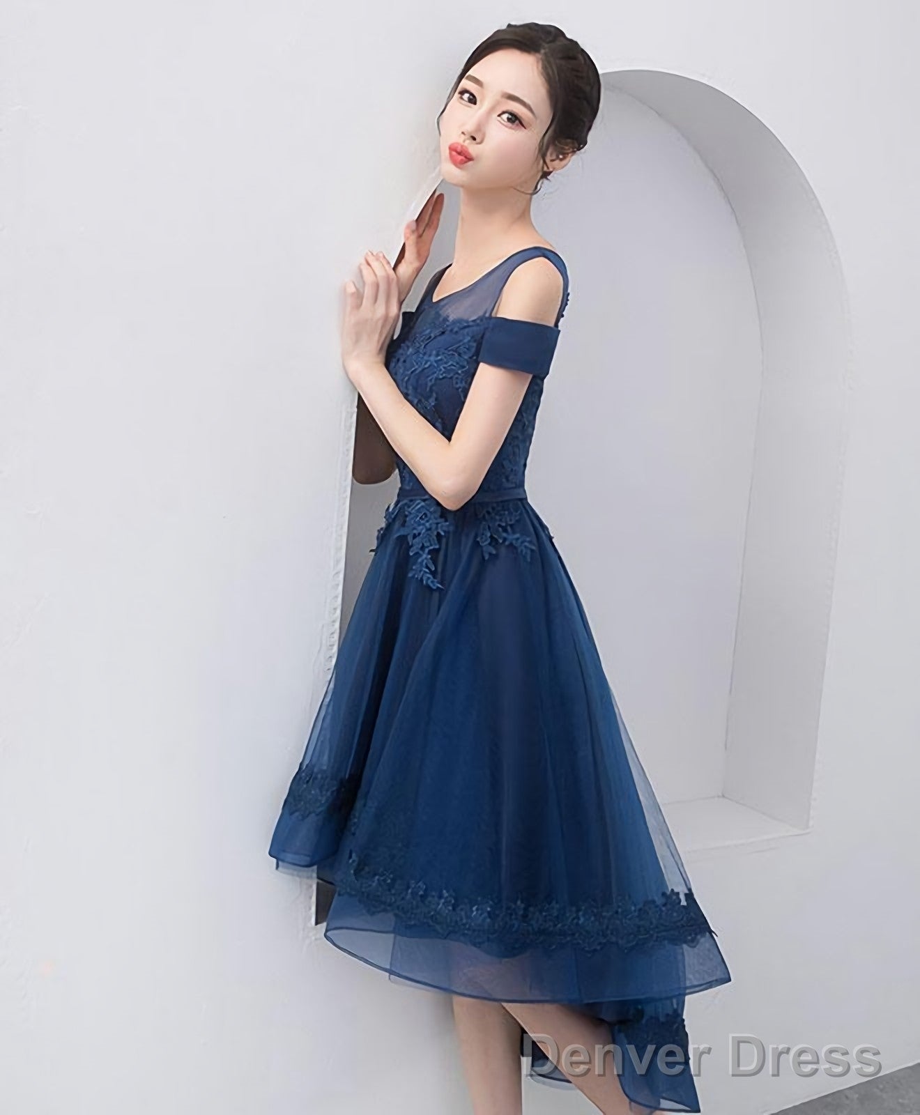 Dark Blue Lace Tulle Short Prom Dress Homecoming Dresses