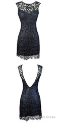 Sheath Bateau Backless Short Homecoming Navy Blue Lace Mother Of The Bride Dress