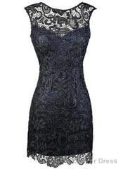 Sheath Bateau Backless Short Homecoming Navy Blue Lace Mother Of The Bride Dress