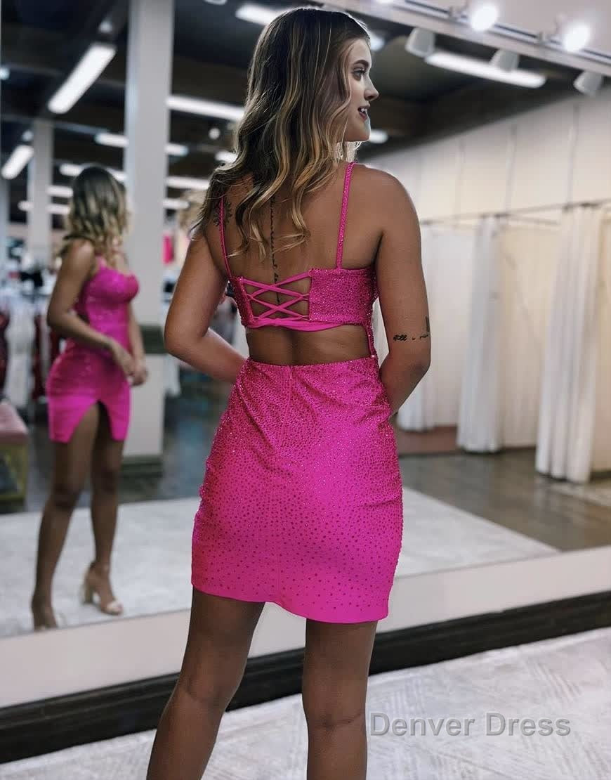 Sheath Beaded Satin Homecoming Dresses with Slit