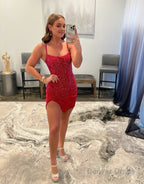 Sheath Beaded Satin Homecoming Dresses with Slit