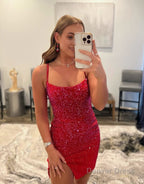 Sheath Beaded Satin Homecoming Dresses with Slit