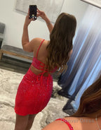 Sheath Beaded Satin Homecoming Dresses with Slit