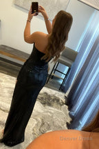 Sheath Black Strapless Sequins Prom Dresses with Slit