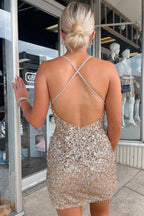 Sheath Champagne Sequins Short Homecoming Dresses