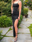 Sheath Column Bateau Floor Length Sequins Prom Dresses With Leg Slit