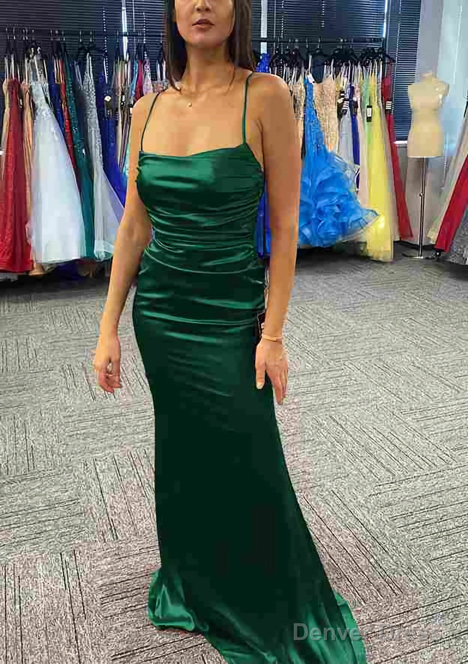 Sheath/Column Bateau Spaghetti Straps Long/Floor-Length Charmeuse Prom Dresses With Pleated