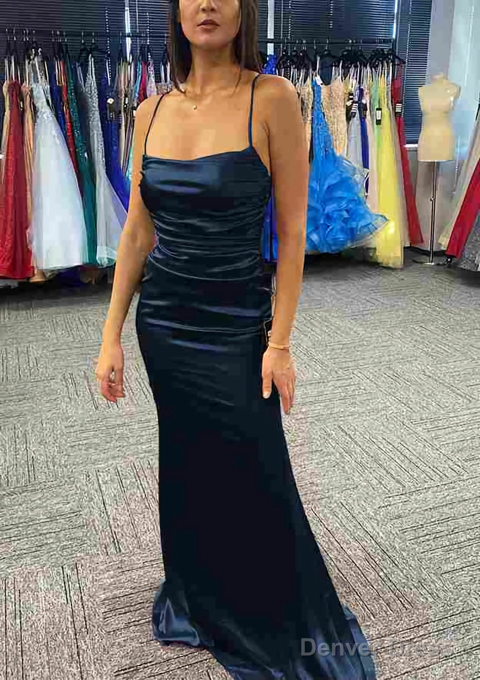 Sheath/Column Bateau Spaghetti Straps Long/Floor-Length Charmeuse Prom Dresses With Pleated Secondary image