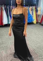Sheath Column Bateau Spaghetti Straps Long Floor Length Charmeuse Prom Dresses With Pleated