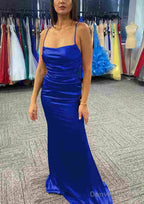 Sheath/Column Bateau Spaghetti Straps Long/Floor-Length Charmeuse Prom Dresses With Pleated