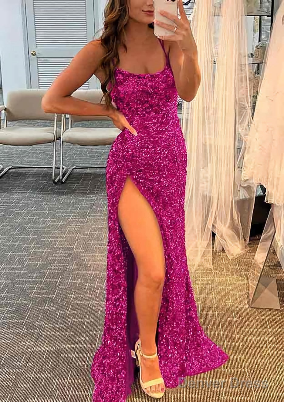 Sheath Column Bateau Spaghetti Straps Long Floor Length Velvet Sequins Prom Dresses With Split