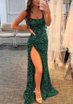 Sheath/Column Bateau Spaghetti Straps Long/Floor-Length Velvet Sequins Prom Dresses With Split