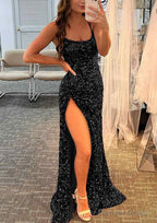 Sheath Column Bateau Spaghetti Straps Long Floor Length Velvet Sequins Prom Dresses With Split