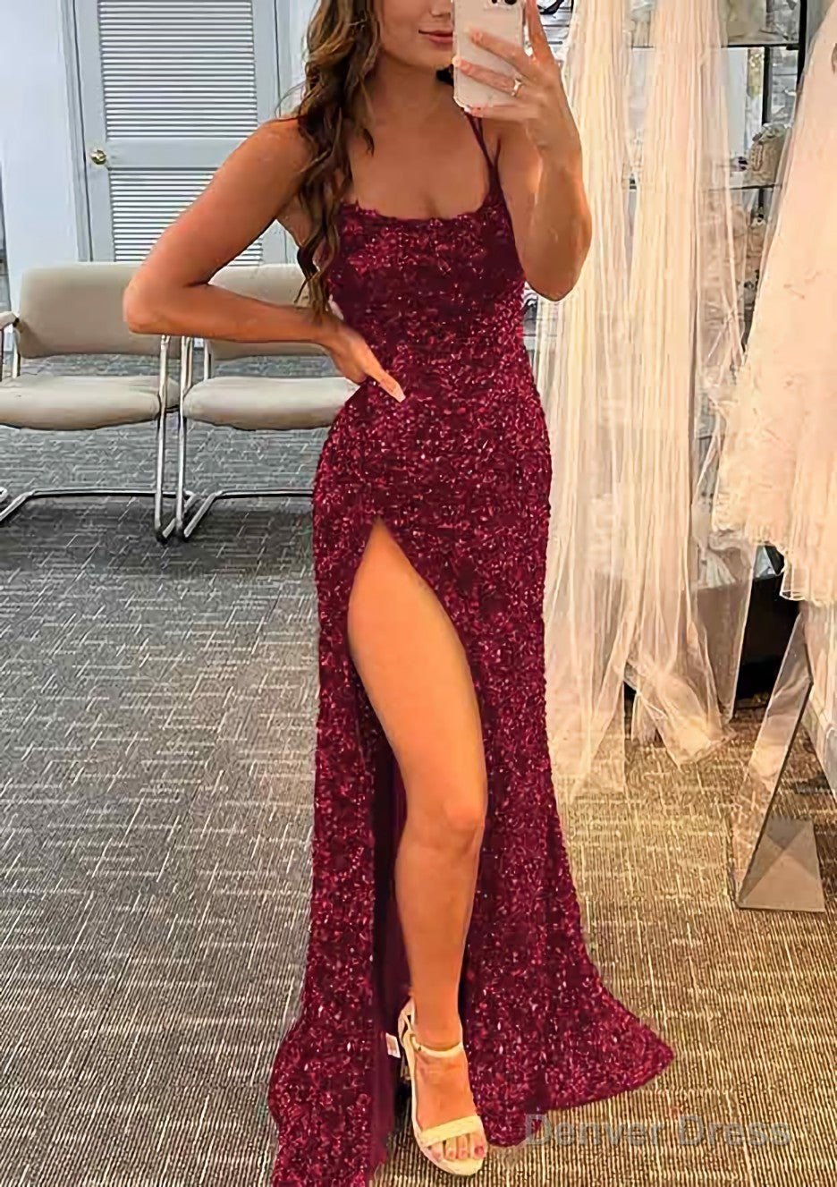 Sheath Column Bateau Spaghetti Straps Long Floor Length Velvet Sequins Prom Dresses With Split