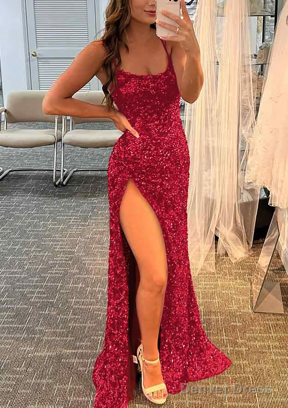 Sheath Column Bateau Spaghetti Straps Long Floor Length Velvet Sequins Prom Dresses With Split