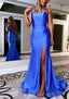 Sheath/Column Bateau Sweep Train Sleeveless Silk like Satin Prom Dresses With Pleated Split