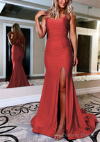 Sheath Column Bateau Sweep Train Sleeveless Silk like Satin Prom Dresses With Pleated Split