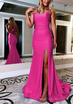 Sheath/Column Bateau Sweep Train Sleeveless Silk like Satin Prom Dresses With Pleated Split