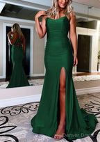 Sheath Column Bateau Sweep Train Sleeveless Silk like Satin Prom Dresses With Pleated Split