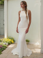 Sheath Column Bateau Sweep Train Stretch Crepe Wedding Dresses