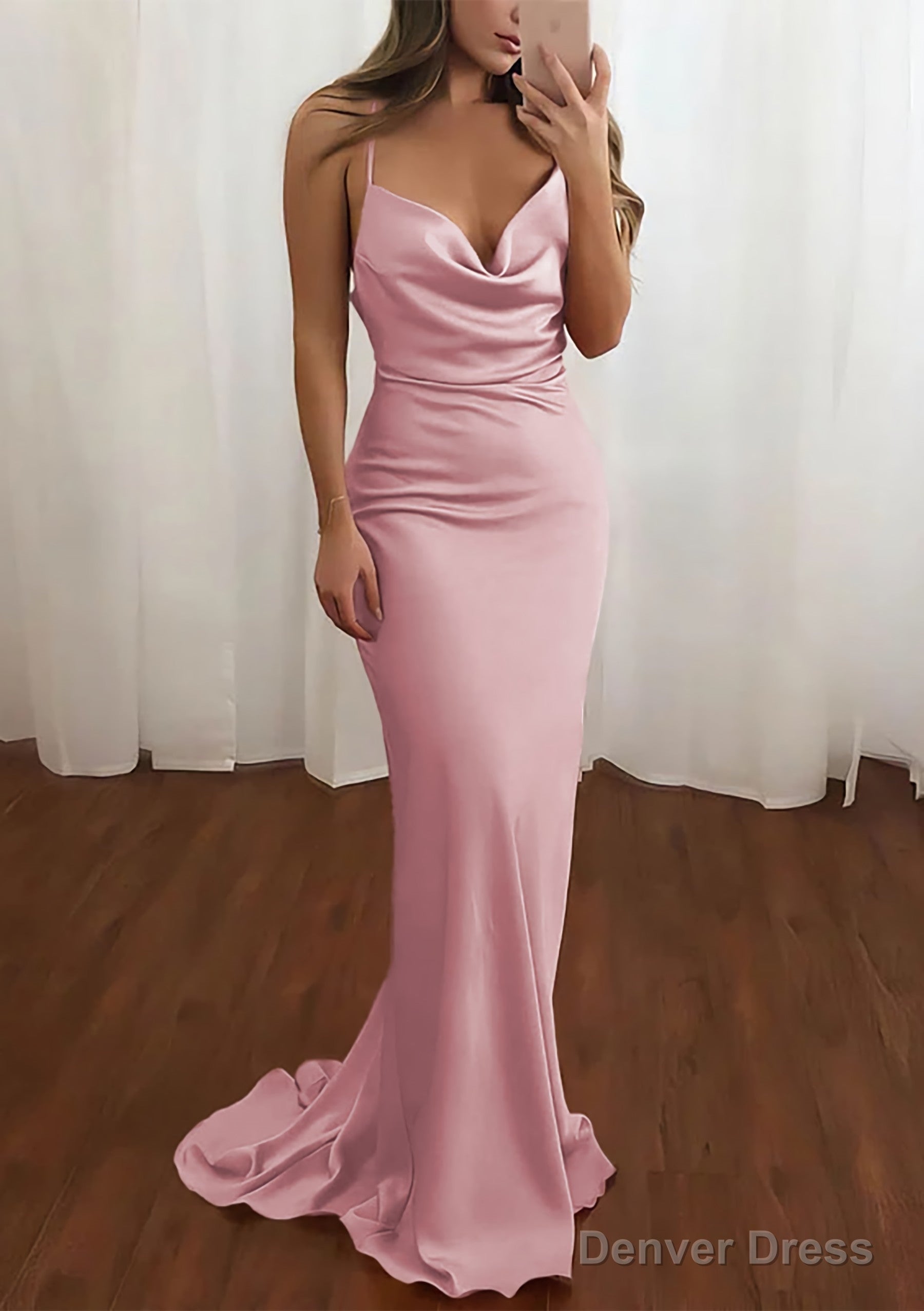 Sheath Column Cowl Neck Spaghetti Straps Sweep Train Satin Prom Dresses Main image