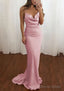 Sheath Column Cowl Neck Spaghetti Straps Sweep Train Satin Prom Dresses