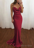 Sheath Column Cowl Neck Spaghetti Straps Sweep Train Satin Prom Dresses