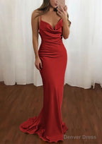 Sheath Column Cowl Neck Spaghetti Straps Sweep Train Satin Prom Dresses