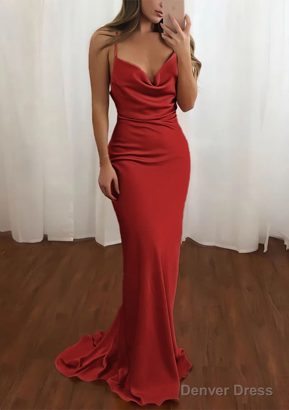 Sheath Column Cowl Neck Spaghetti Straps Sweep Train Satin Prom Dresses
