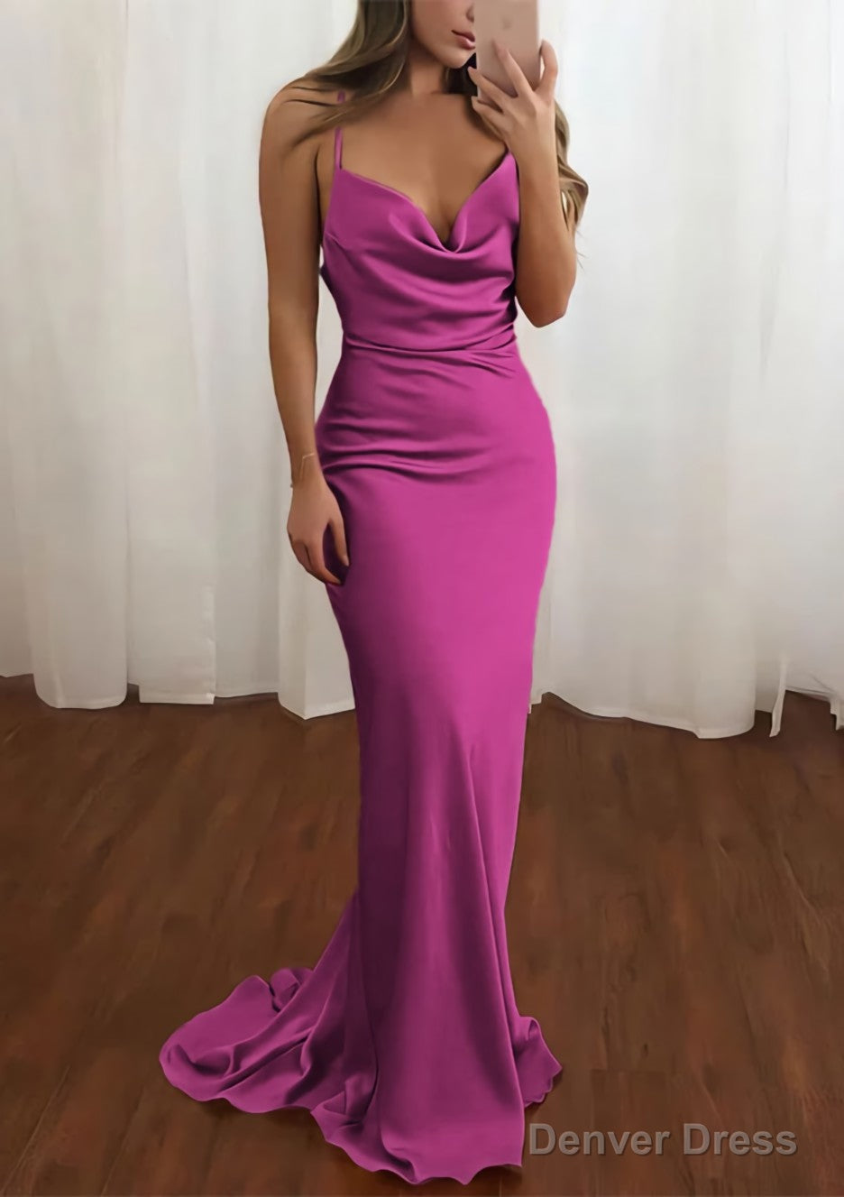 Sheath Column Cowl Neck Spaghetti Straps Sweep Train Satin Prom Dresses