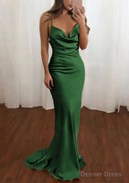 Sheath Column Cowl Neck Spaghetti Straps Sweep Train Satin Prom Dresses