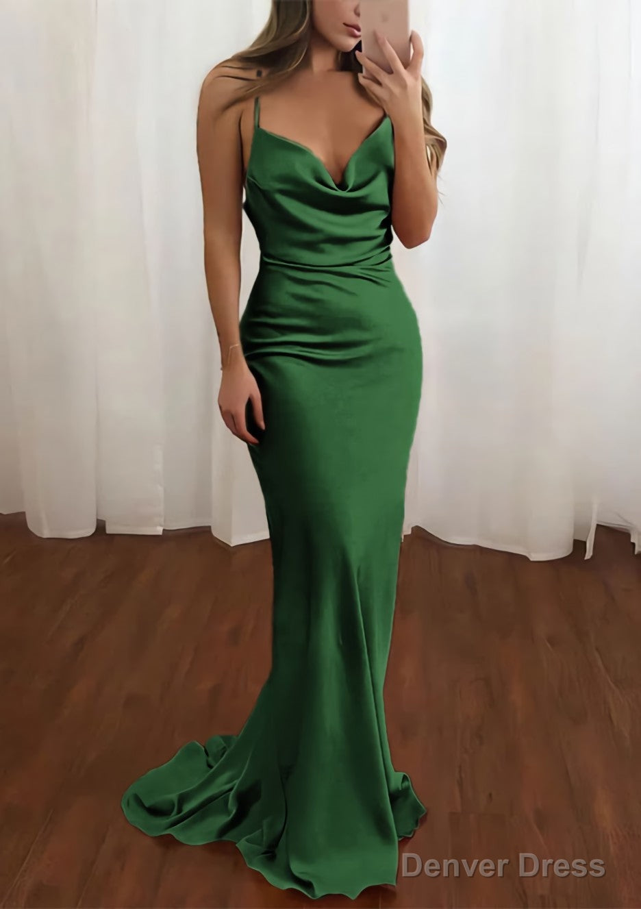 Sheath Column Cowl Neck Spaghetti Straps Sweep Train Satin Prom Dresses