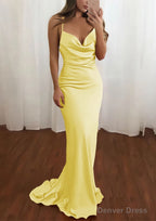 Sheath Column Cowl Neck Spaghetti Straps Sweep Train Satin Prom Dresses