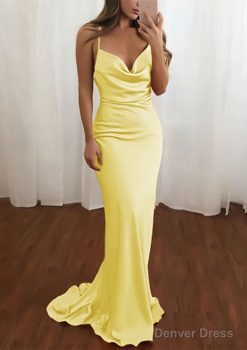 Sheath Column Cowl Neck Spaghetti Straps Sweep Train Satin Prom Dresses