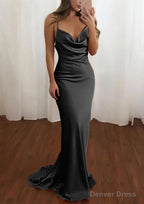 Sheath Column Cowl Neck Spaghetti Straps Sweep Train Satin Prom Dresses