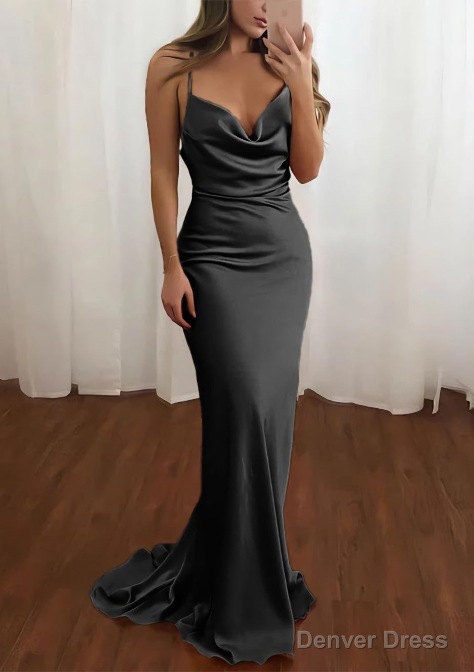 Sheath Column Cowl Neck Spaghetti Straps Sweep Train Satin Prom Dresses