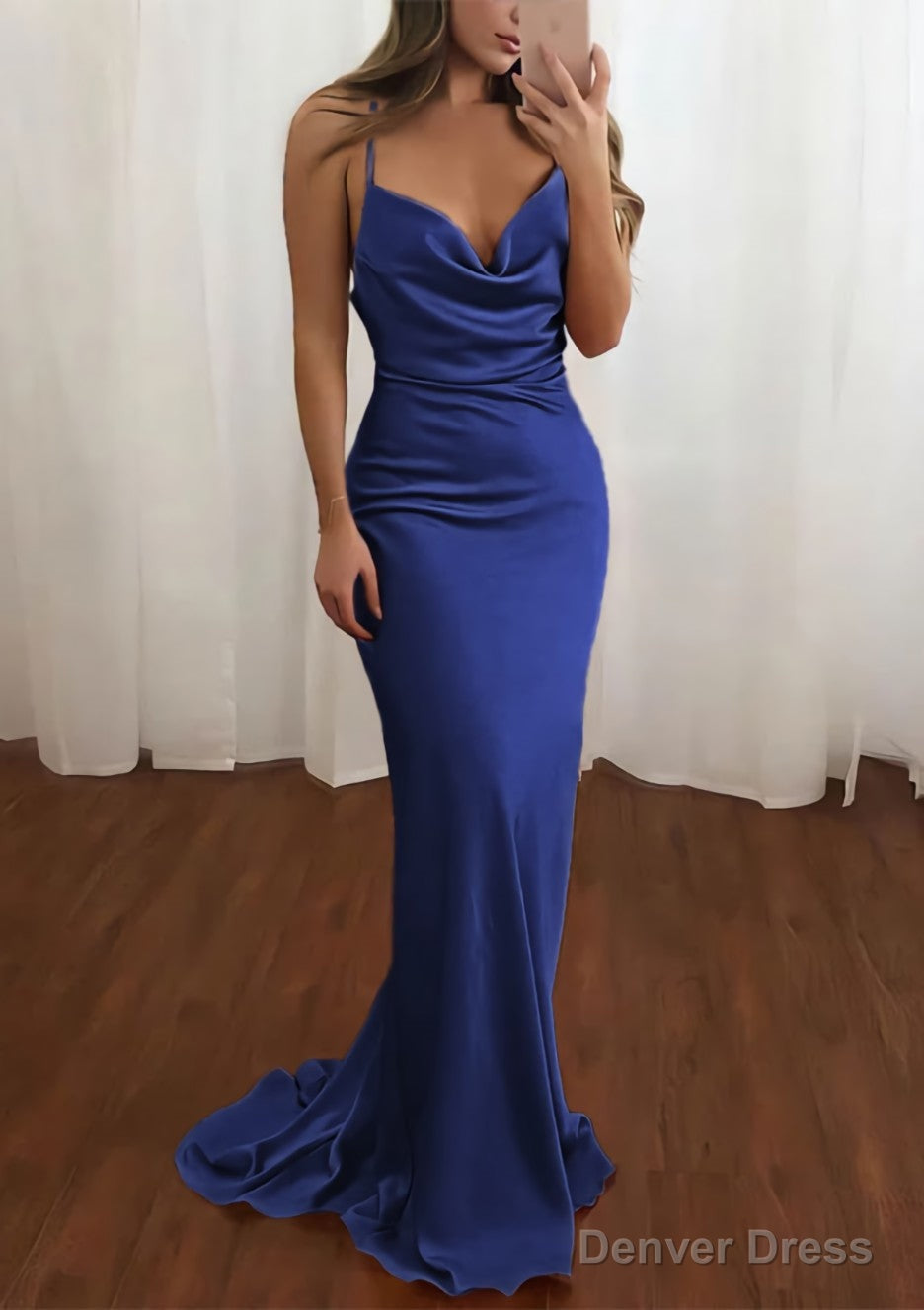 Sheath Column Cowl Neck Spaghetti Straps Sweep Train Satin Prom Dresses