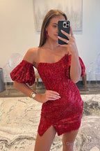 Sheath Column Detachable Sleeves Sequins Burgundy Short Homecoming Dresses