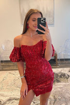 Sheath Column Detachable Sleeves Sequins Burgundy Short Homecoming Dresses
