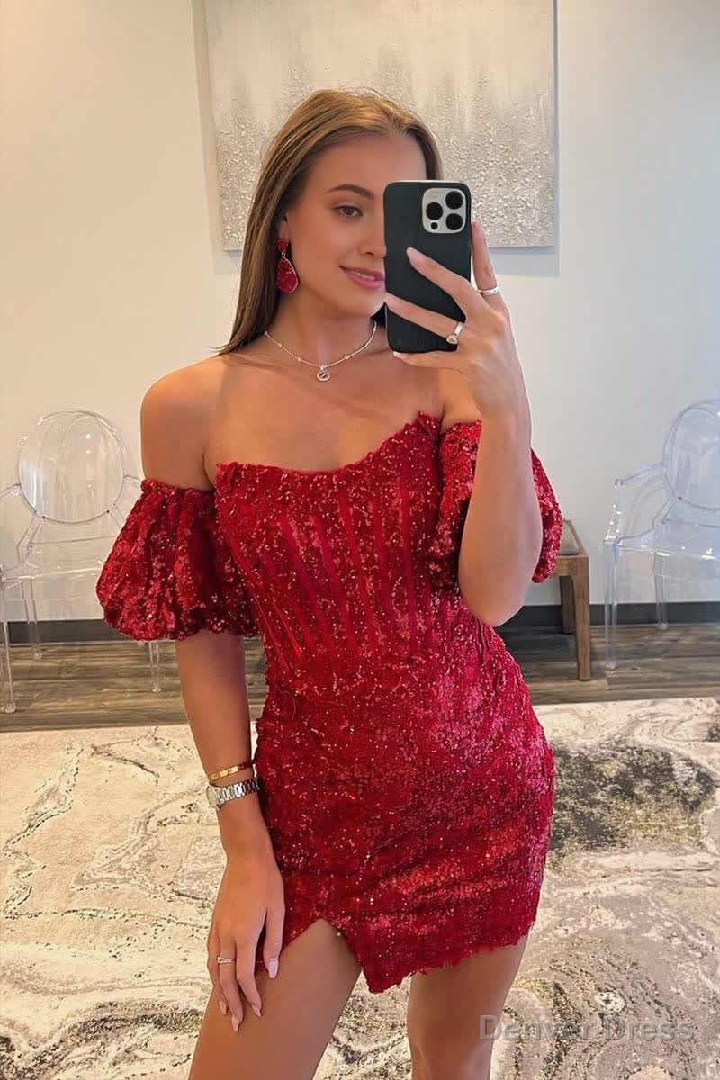 Sheath Column Detachable Sleeves Sequins Burgundy Short Homecoming Dresses