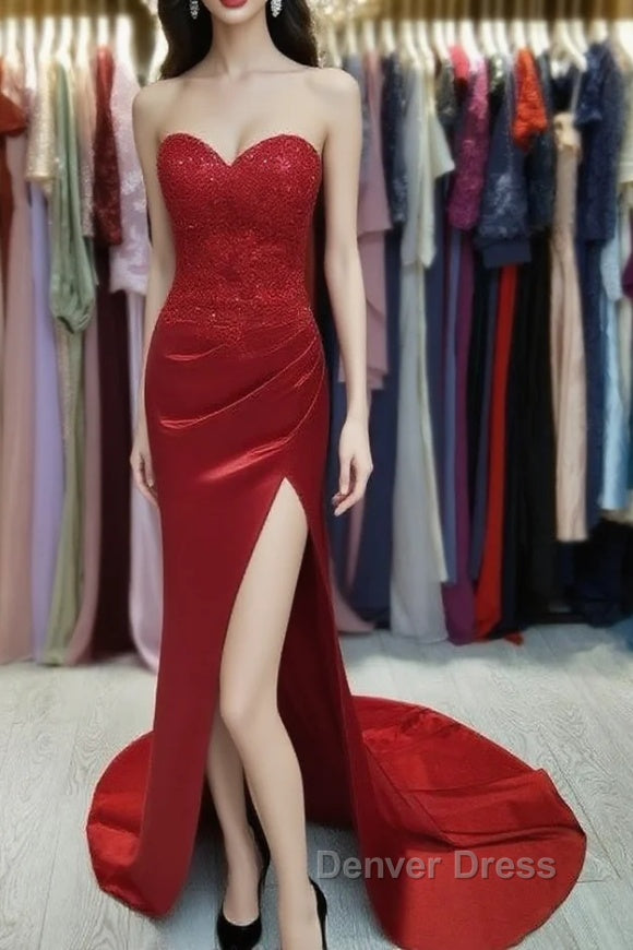 Sheath Column Elastic Prom Dress Woven Satin Sequin Sweetheart Sleeveless Court Train Dressese Main image